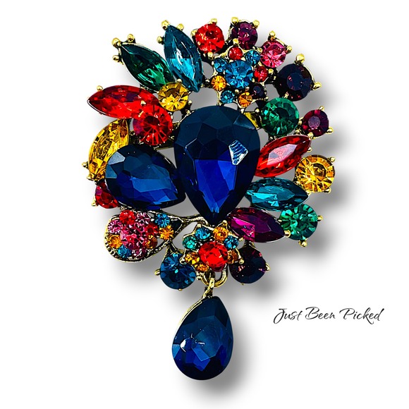Unbranded Jewelry - 3.25" Multicolor‎ Rhinestone Brooch Gold Tone Statement Jewelry